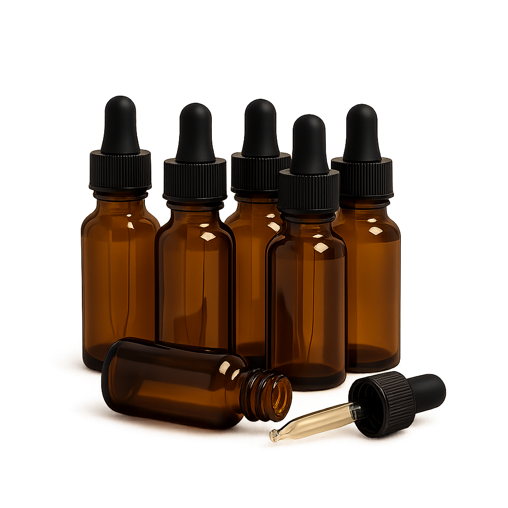 Set of six amber glass dropper bottles with black caps on a white background