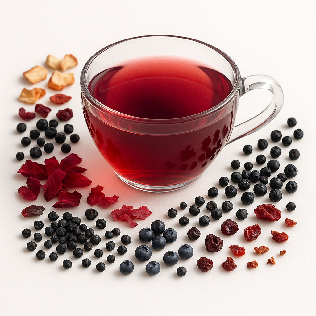 Clear glass mug filled with red tea surrounded by dried fruits and berries on a white background