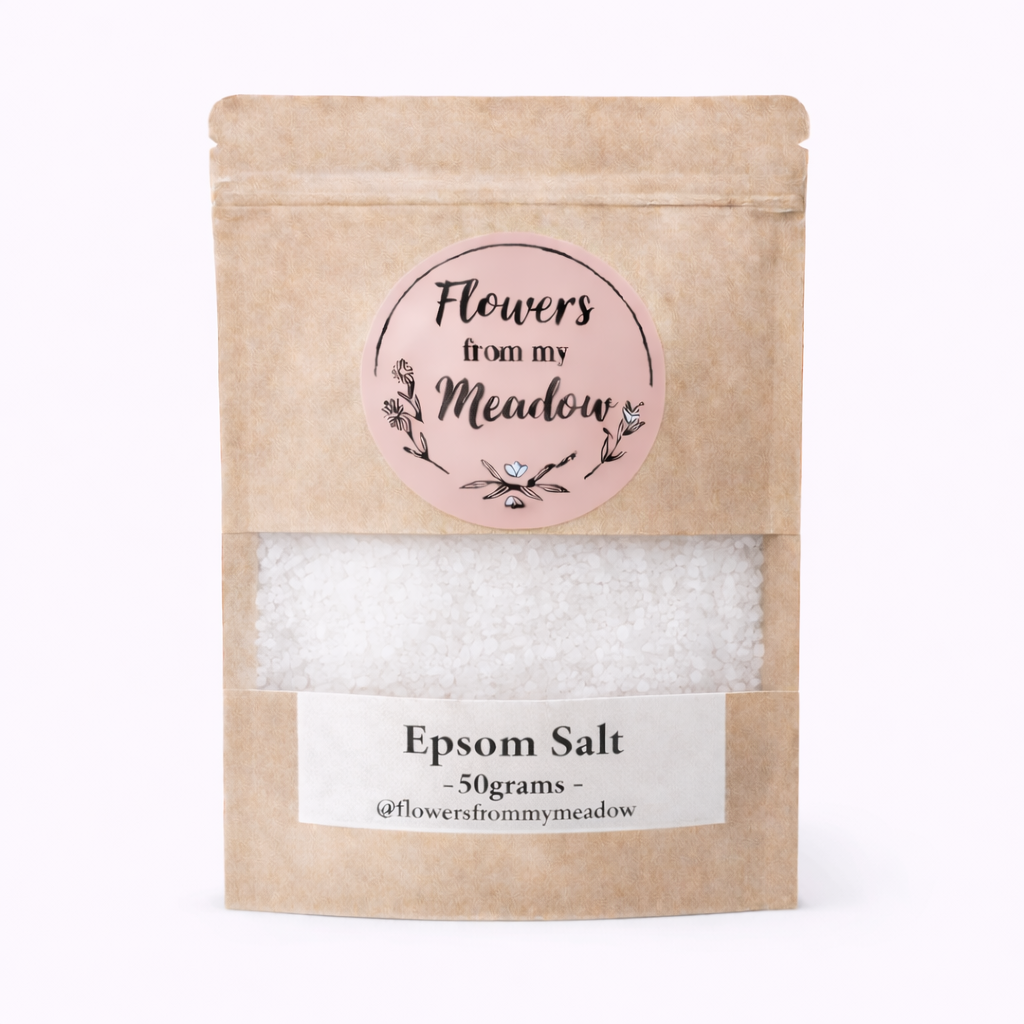 Kraft paper packaging of Epsom salt with a label on a white background