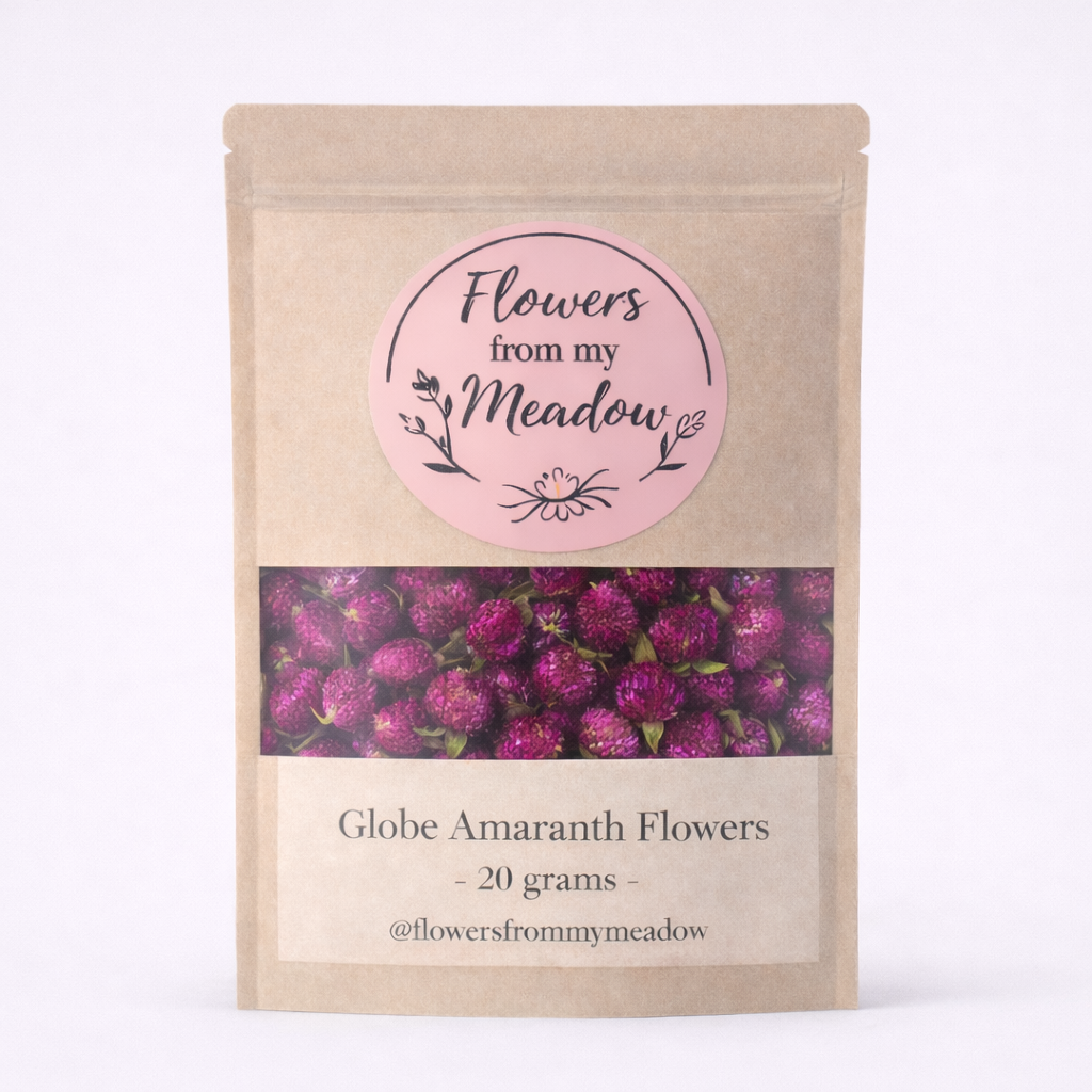 Package of 'Flowers from my Meadow' with pink label and purple flower design on a white background