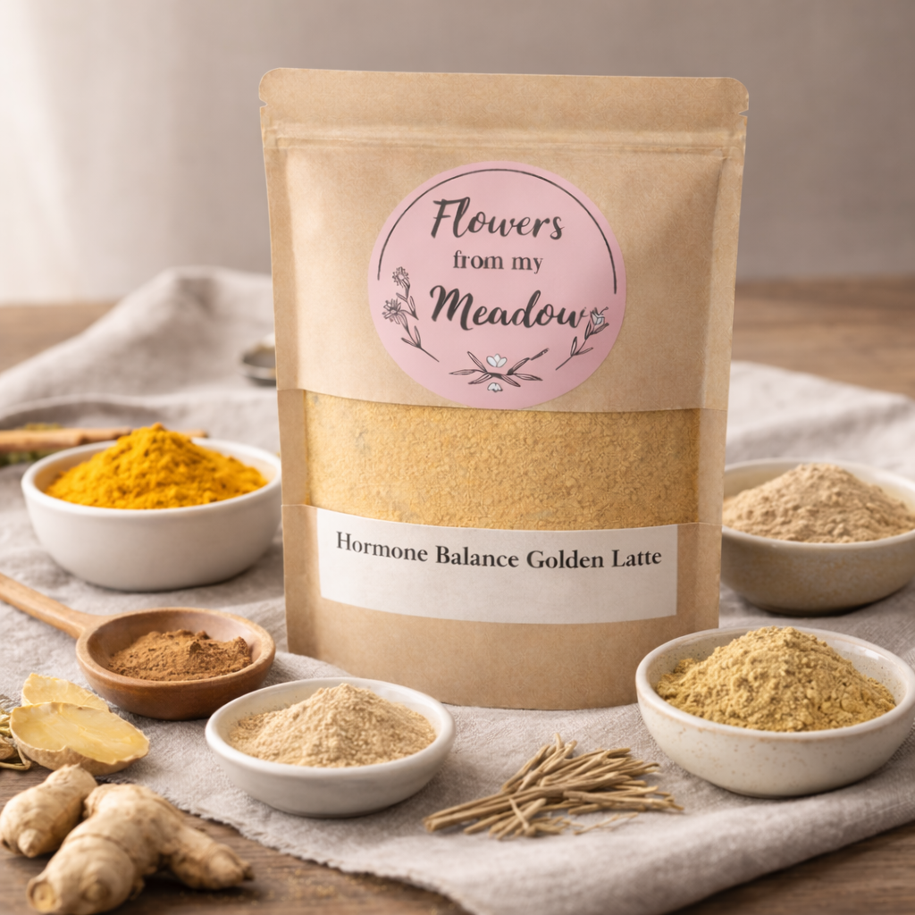 Hormone Balance Golden Latte package with ingredients on a wooden table