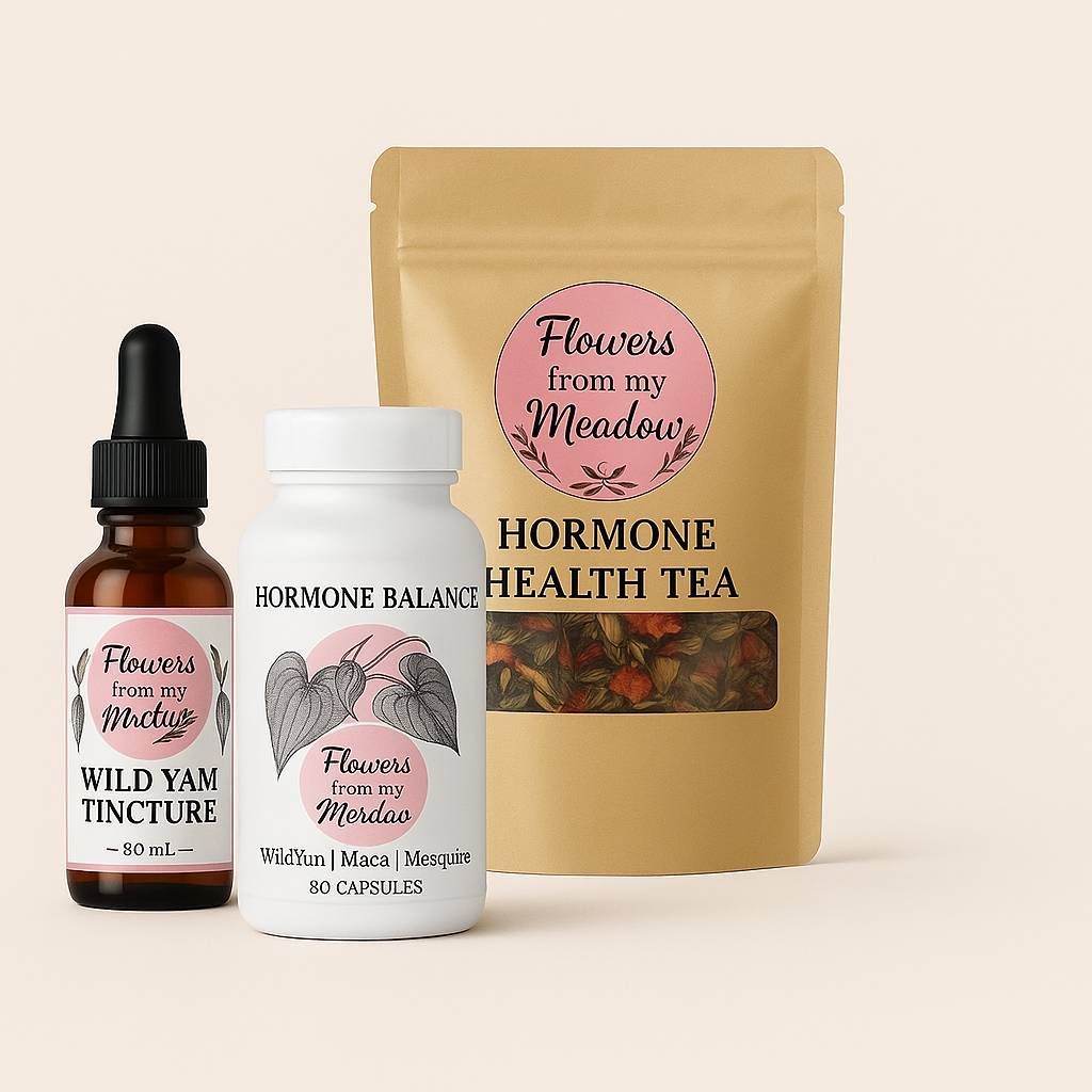 Wild Yam Tincture, Hormone Balance Capsules and Hormone Health Tea products from 'Flowers from my Meadow' on a beige background