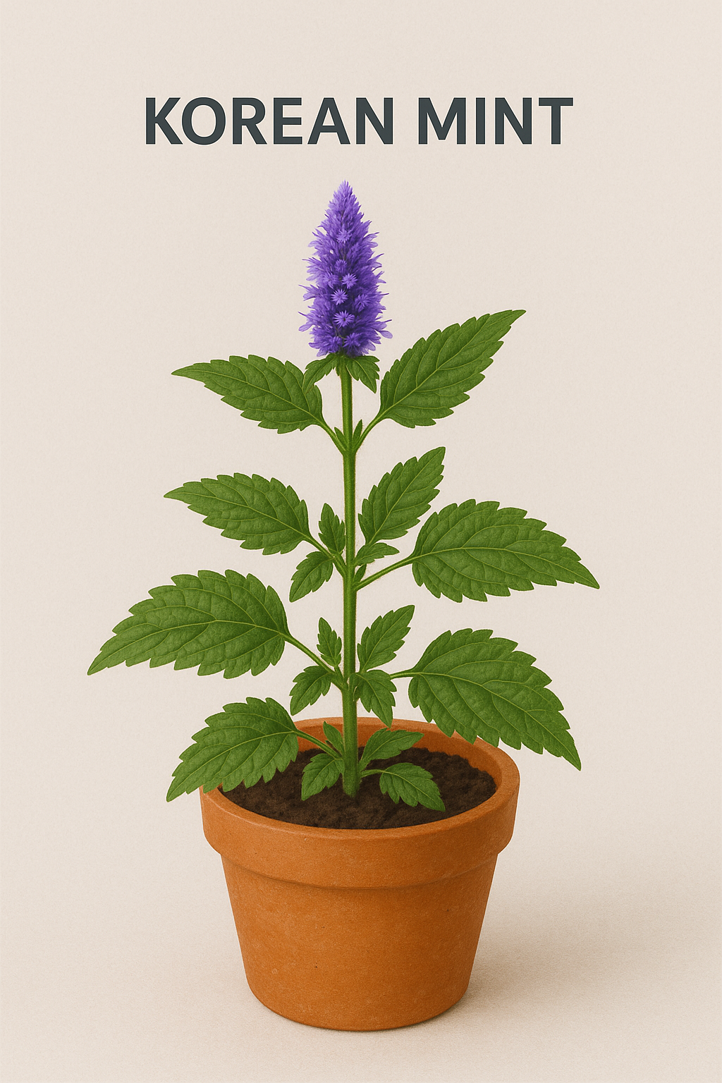 Potted Korean mint plant with purple flower on a beige background
