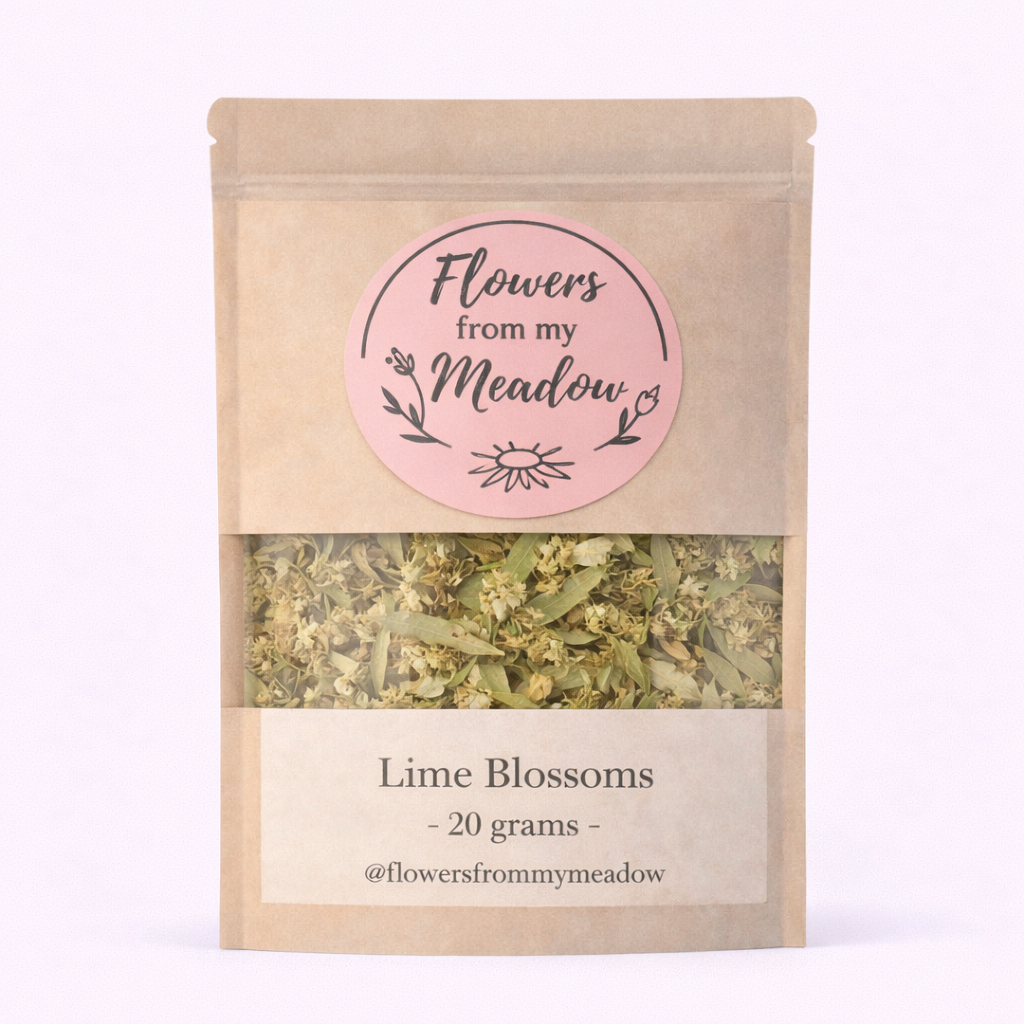 Package of 'Flowers from my Meadow' lime blossoms on a white background