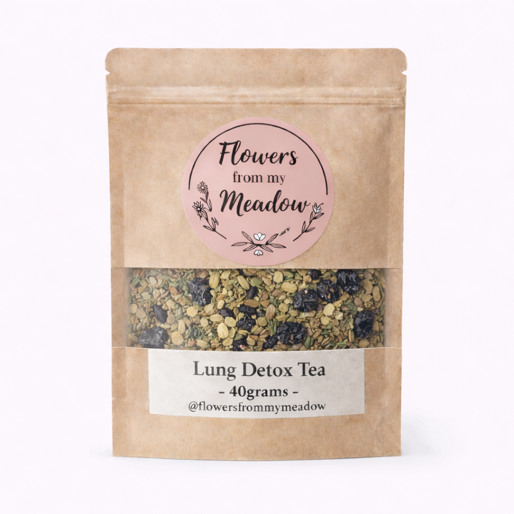 Lung Detox Tea package with visible tea leaves on a white background