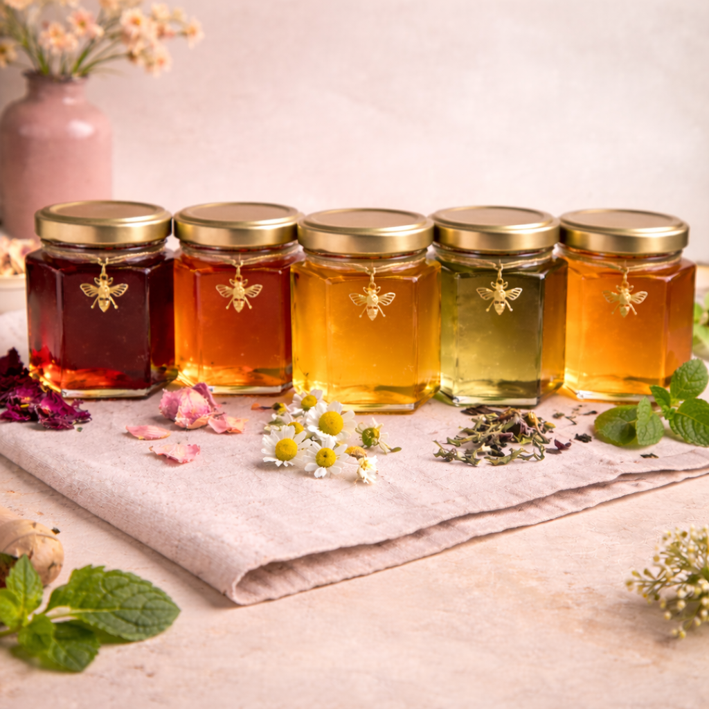 Five jars of honey with gold lids on a light surface with flowers and leaves.