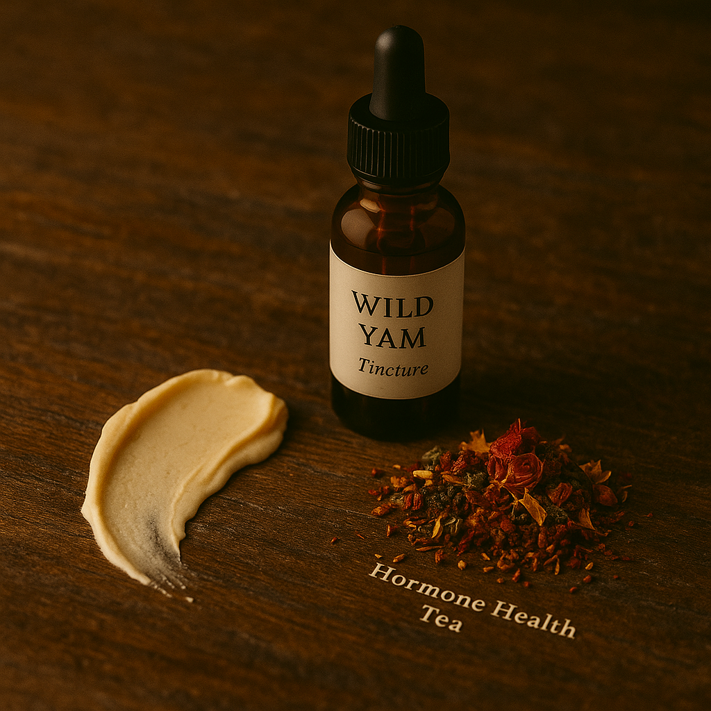 5ml Bottle of Wild Yam Tincture with a dropper on a wooden surface, surrounded by dried herbs and a small amount of cream.