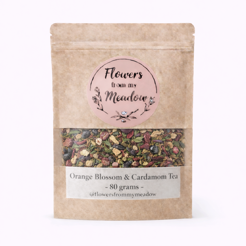 Kraft paper packaging of 'Flowers from my Meadow' Orange Blossom & Cardamom Tea on a white background