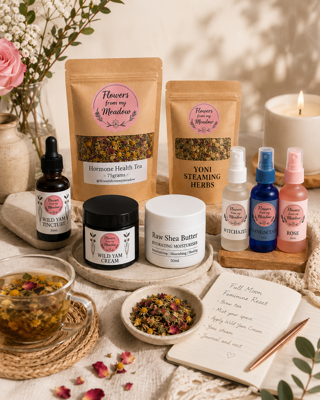 A styled flat-lay of a wellness gift set featuring herbal tea, steaming herbs, wild yam tincture, raw shea butter, and other Hormonal Balance and skincare products from 'Flowers from my Meadow' arranged on a neutral fabric background with decorative props.