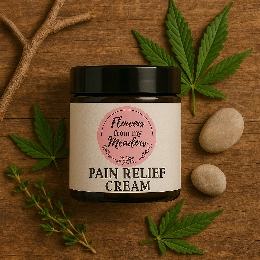 a jar of Pian Relief Cream on a wooden background with leaves around it