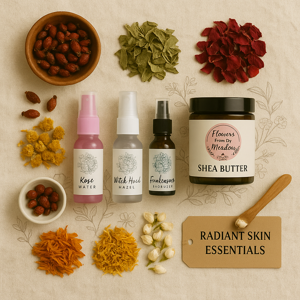 Radiant Skine Essentials Bundle Shea Butter, 3 hydrosols and various herbs