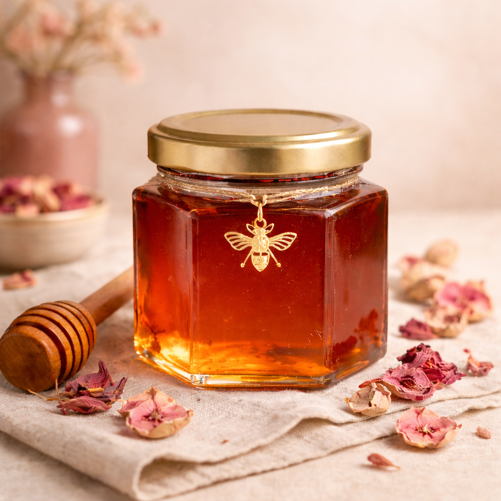 Jar of honey with a wooden dipper on a cloth surface with dried rose flowers.