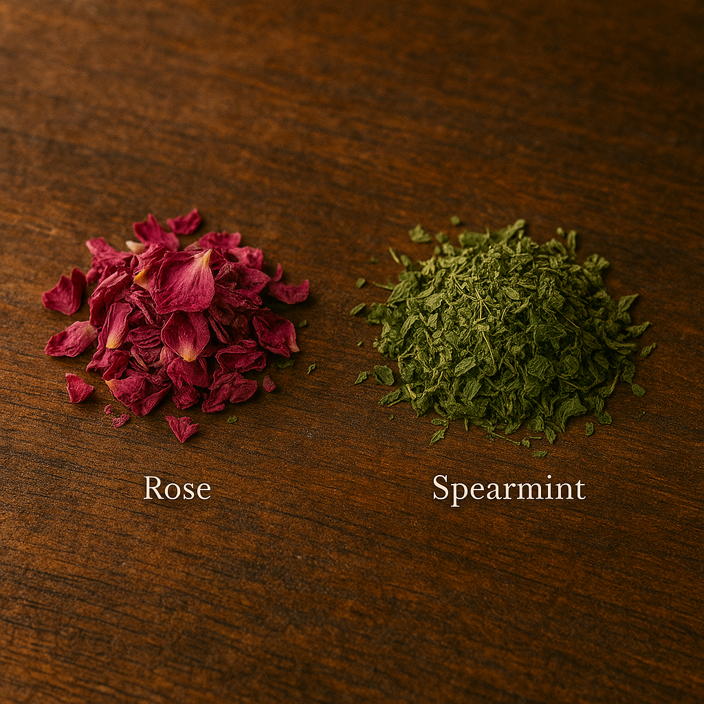 Dried rose petals and spearmint leaves on a wooden surface