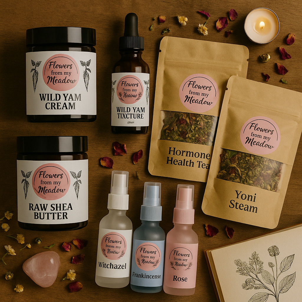 Sacred Feminine Set with Wild Yam Cream, Wild Yam Tincture, RAW She Butter, 3 hydrosols, a yoni steam and a hormone health tea in a kraft pouch on a wooden surface