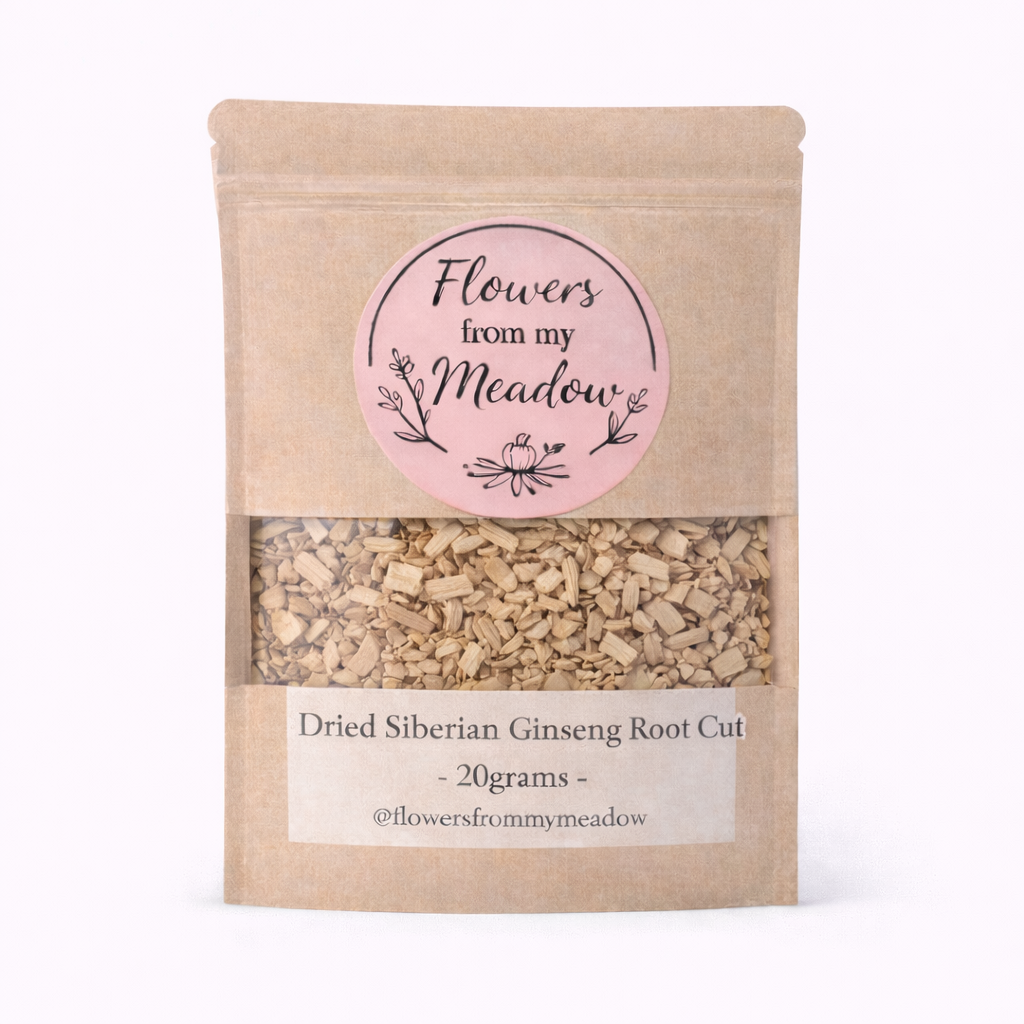 Package of dried Siberian Ginseng Root Cut with 'Flowers from my Meadow' label on a white background