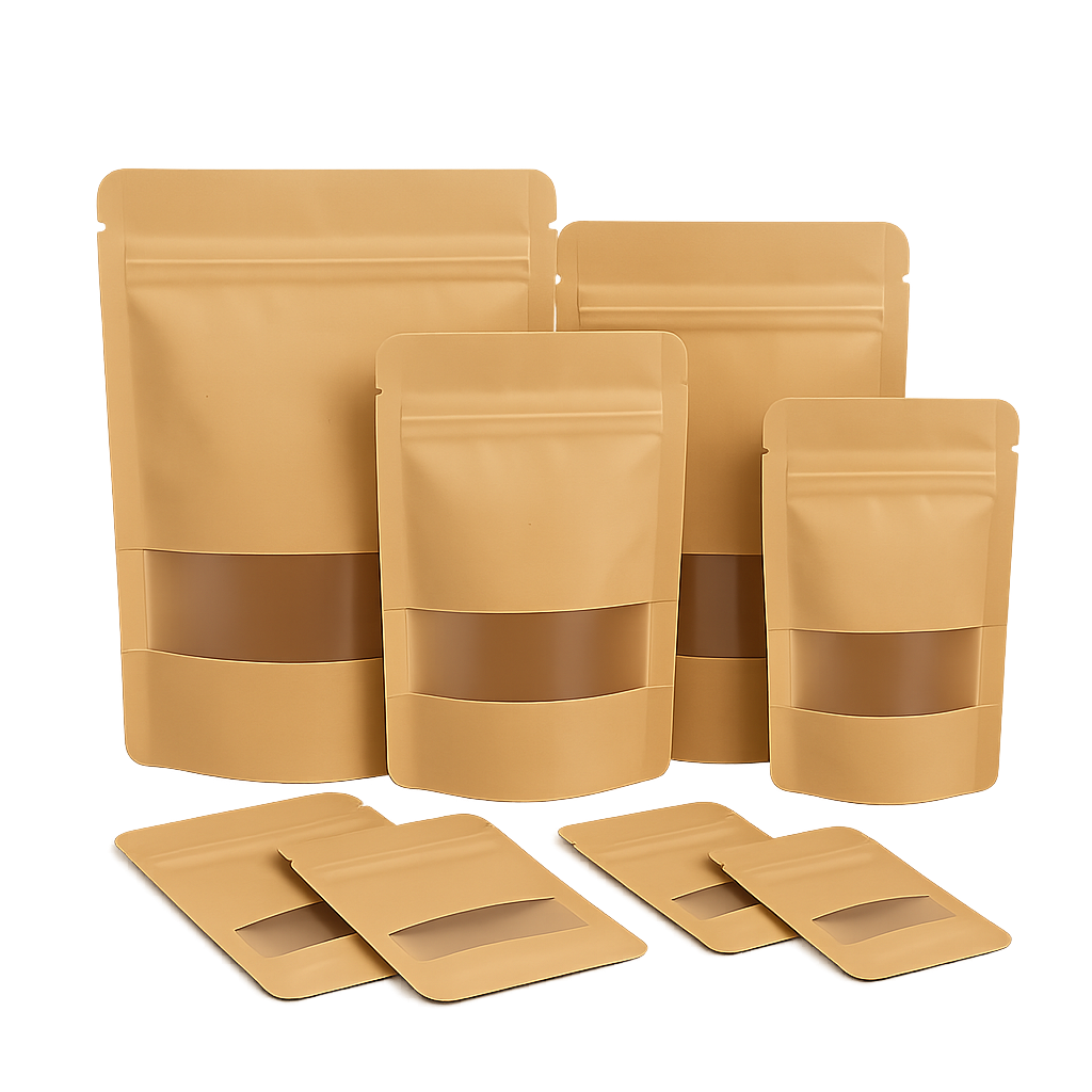 Set of brown kraft paper packaging bags on a white background