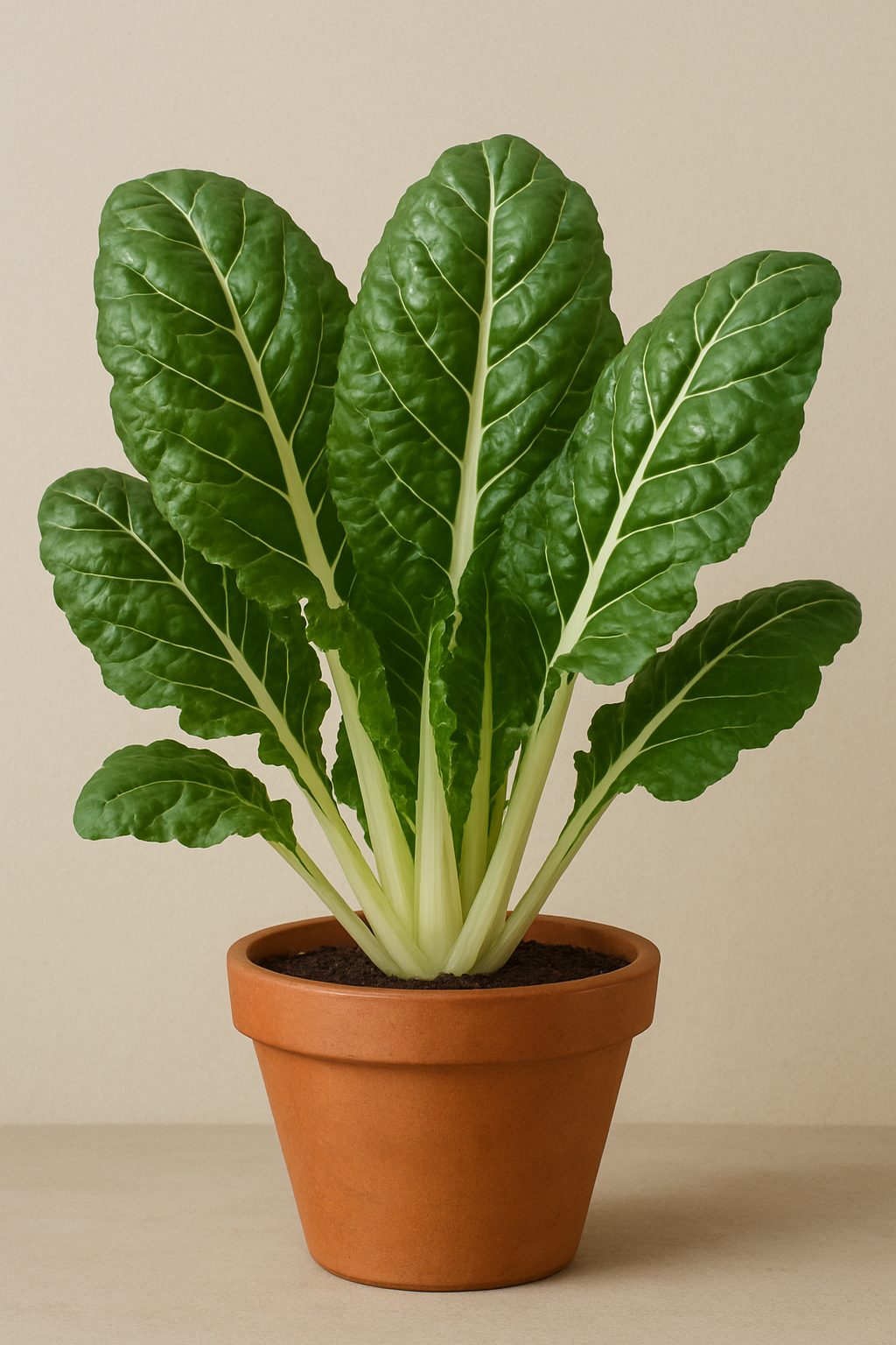 Potted plant with large Swiss Chard leaves on a beige background