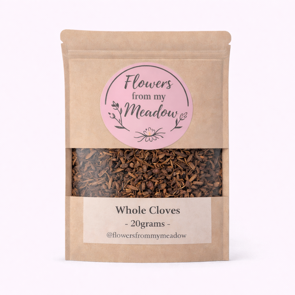 Kraft paper packaging of whole cloves with 'Flowers from my Meadow' label on a white background