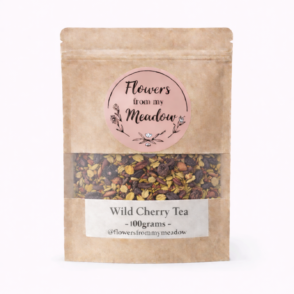 Kraft paper packaging of Wild Cherry Tea with a label on a white background