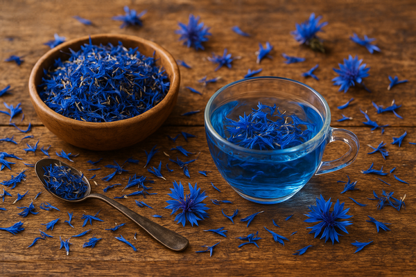a image of blue dried corn flower tea on a rustic wooden kitchen table