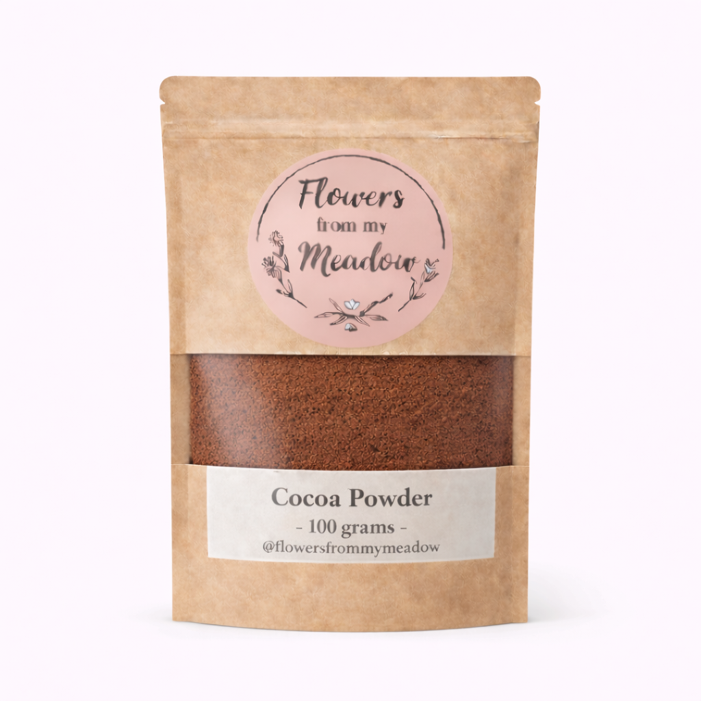 Kraft paper packaging of cocoa powder with a label on a white background