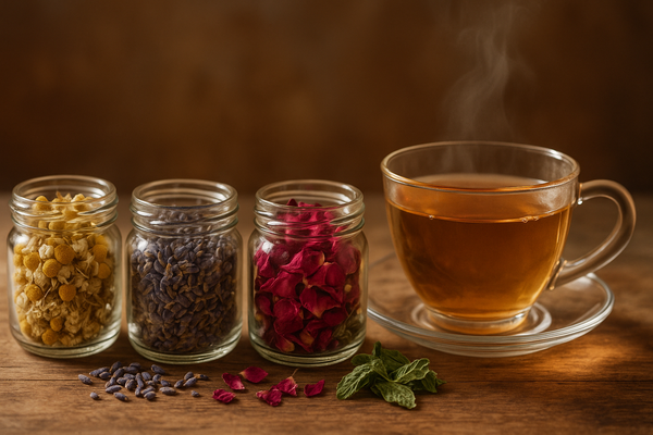 dried herbs and flowers in small glass jars next to a glass tea cup of herbal tea hd photorealistic image