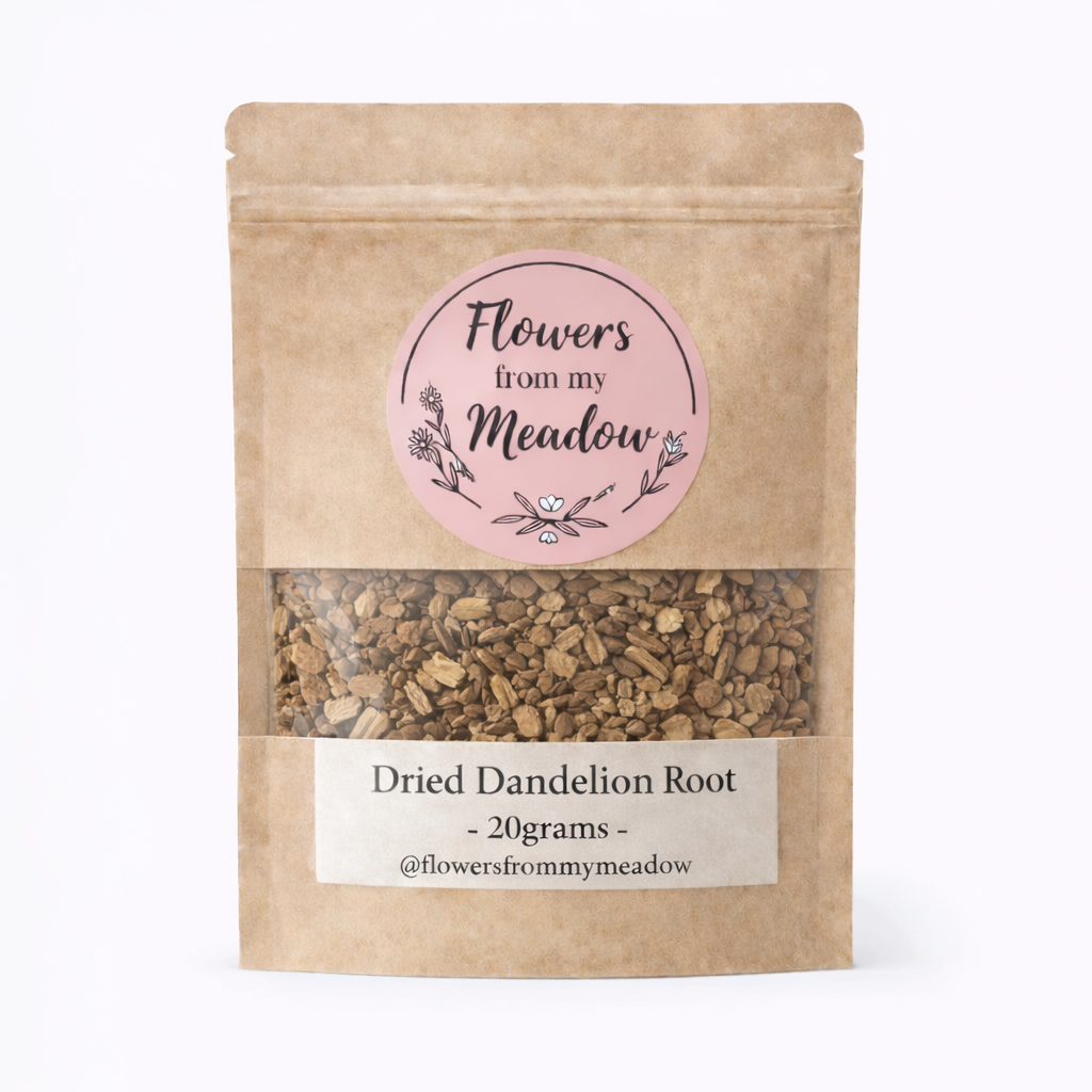 Kraft paper packaging of dried dandelion root with a pink label on a white background