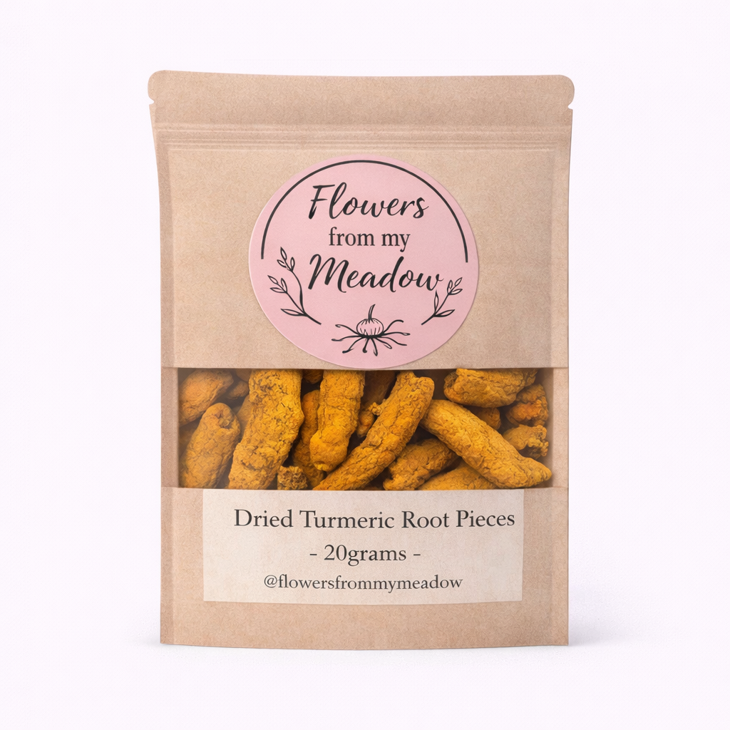 Package of dried turmeric root pieces with 'Flowers from my Meadow' label on a white background