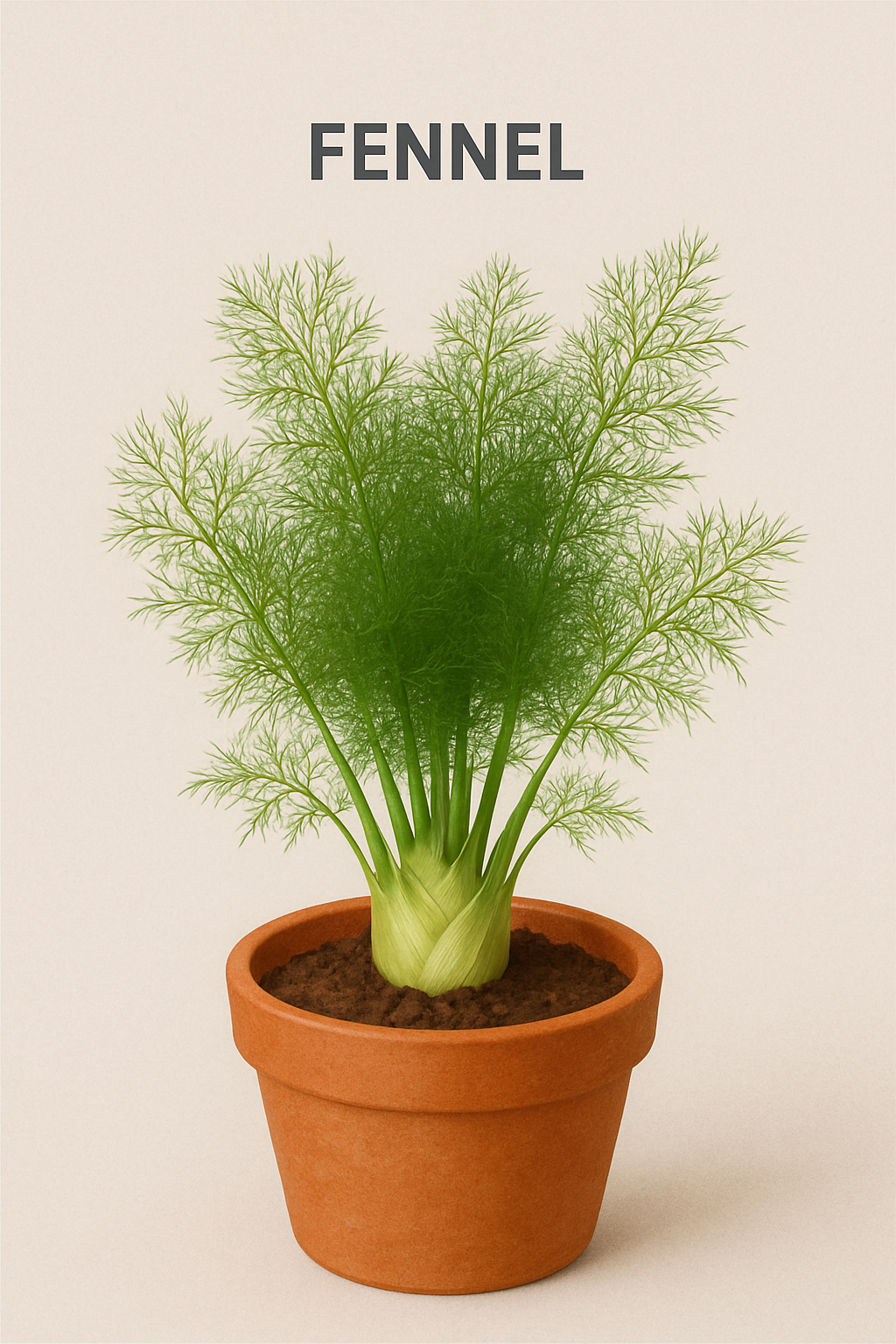 Potted fennel plant on a beige background with 'FENNEL' text above.