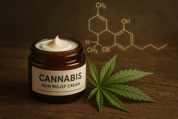 HD photorealistic image of a jar of Cannabis Pain Relief Cream on a rustic wooden surface. Next to the jar, fresh green cannabis leaves are arranged elegantly. Subtle overlay or glowing line art of the cannabis (THC/CBD) molecular structure floats in the background, semi-transparent and softly integrated into the scene. Natural earthy tones, soft professional studio lighting, styled as premium skincare photography.