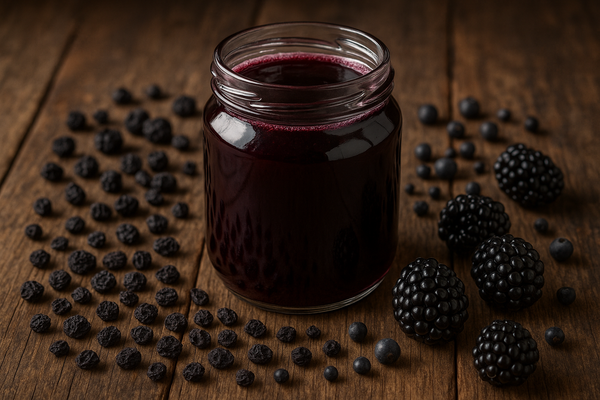 home made syrup from berries. dried blue berries, juniper berries and black berries scattered on a wooden table top next to a a jar of syrup HD photo realistic image