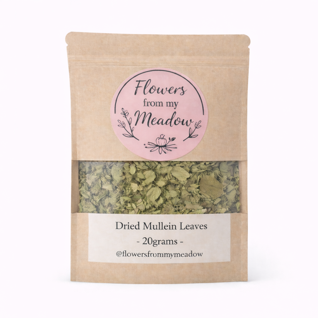 Package of dried mullein leaves with 'Flowers from my Meadow' label on a white background