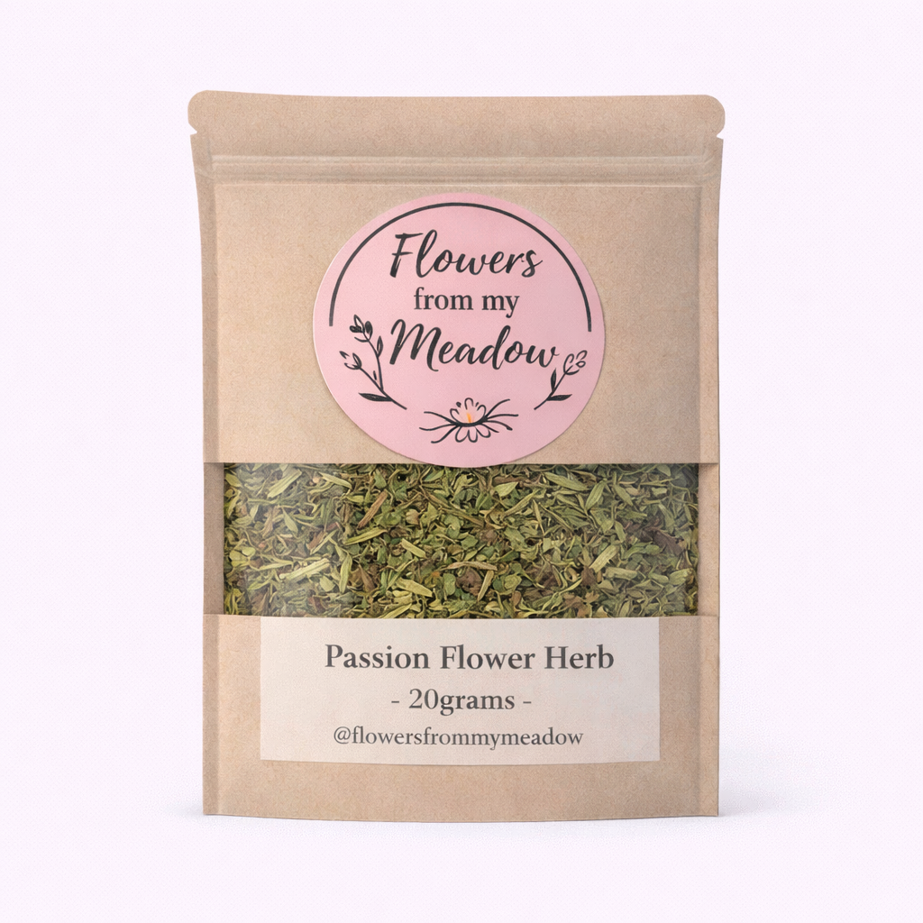 Packaged passion flower herb with 'Flowers from my Meadow' label on a white background