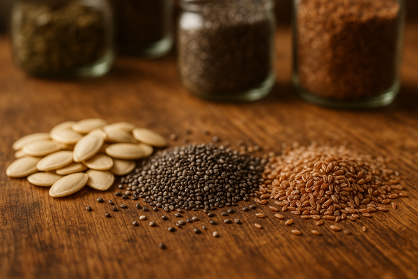 Pumpkin, chia and phsyllium seeds scattered on a wooden kitchen counter. jars filled with seeds in the backgroud. HD close up photo realistic image
