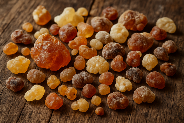 raw frakincense and myrrh resin pieces scatered on a rustic wooden table HD close up photorealistic image