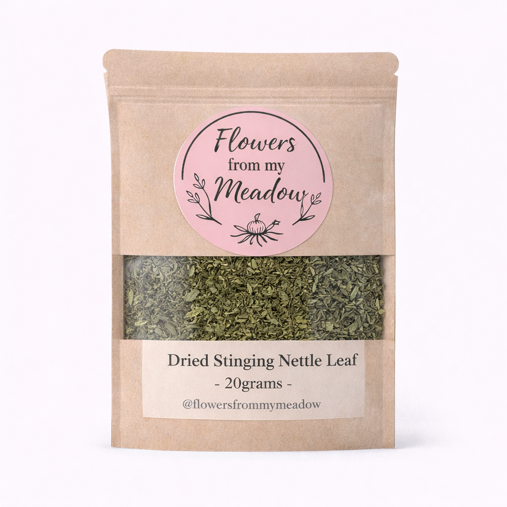 Package of dried stinging nettle leaf with 'Flowers from my Meadow' label on a white background