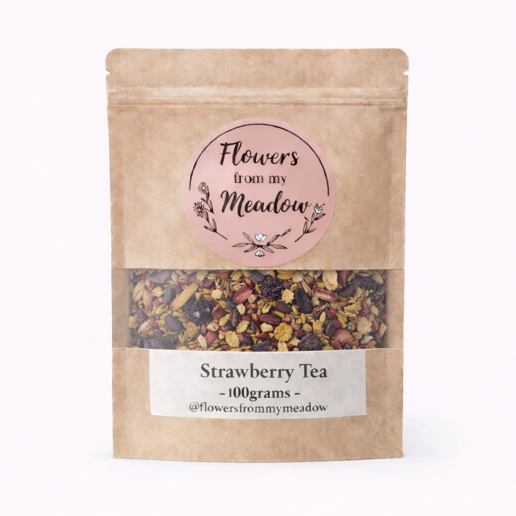 Kraft paper packaging of strawberry tea with a label on a white background