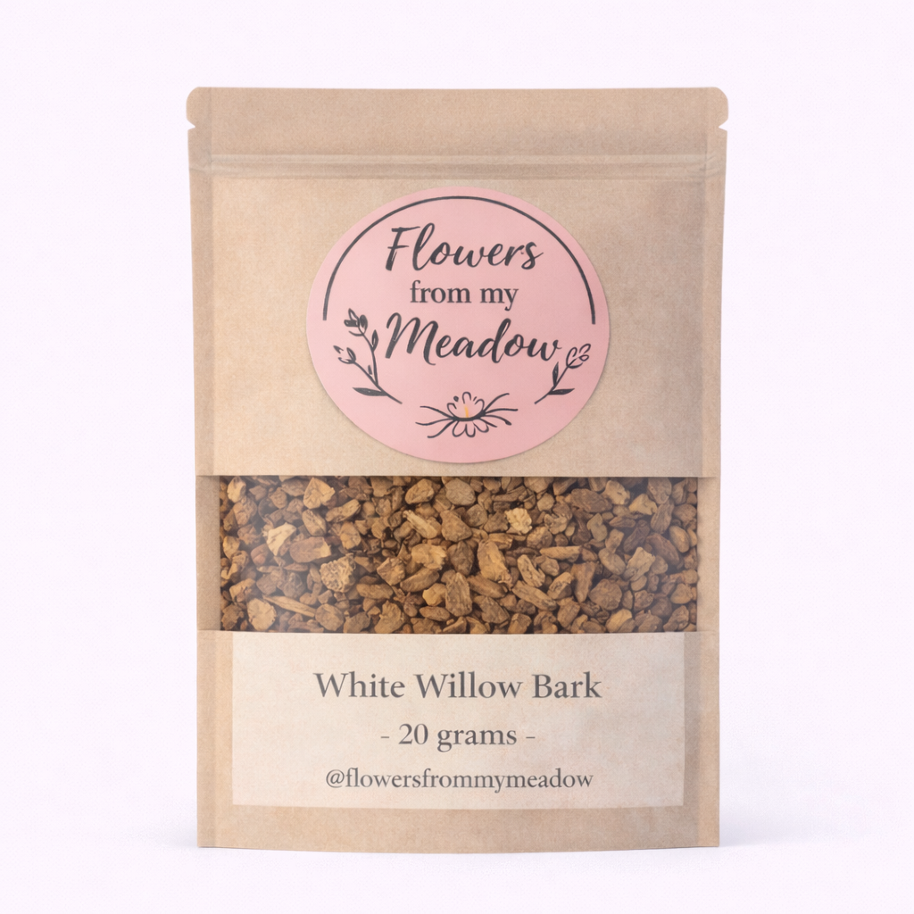 Kraft paper packaging with a pink label for 'Flowers from my Meadow' containing white willow bark.