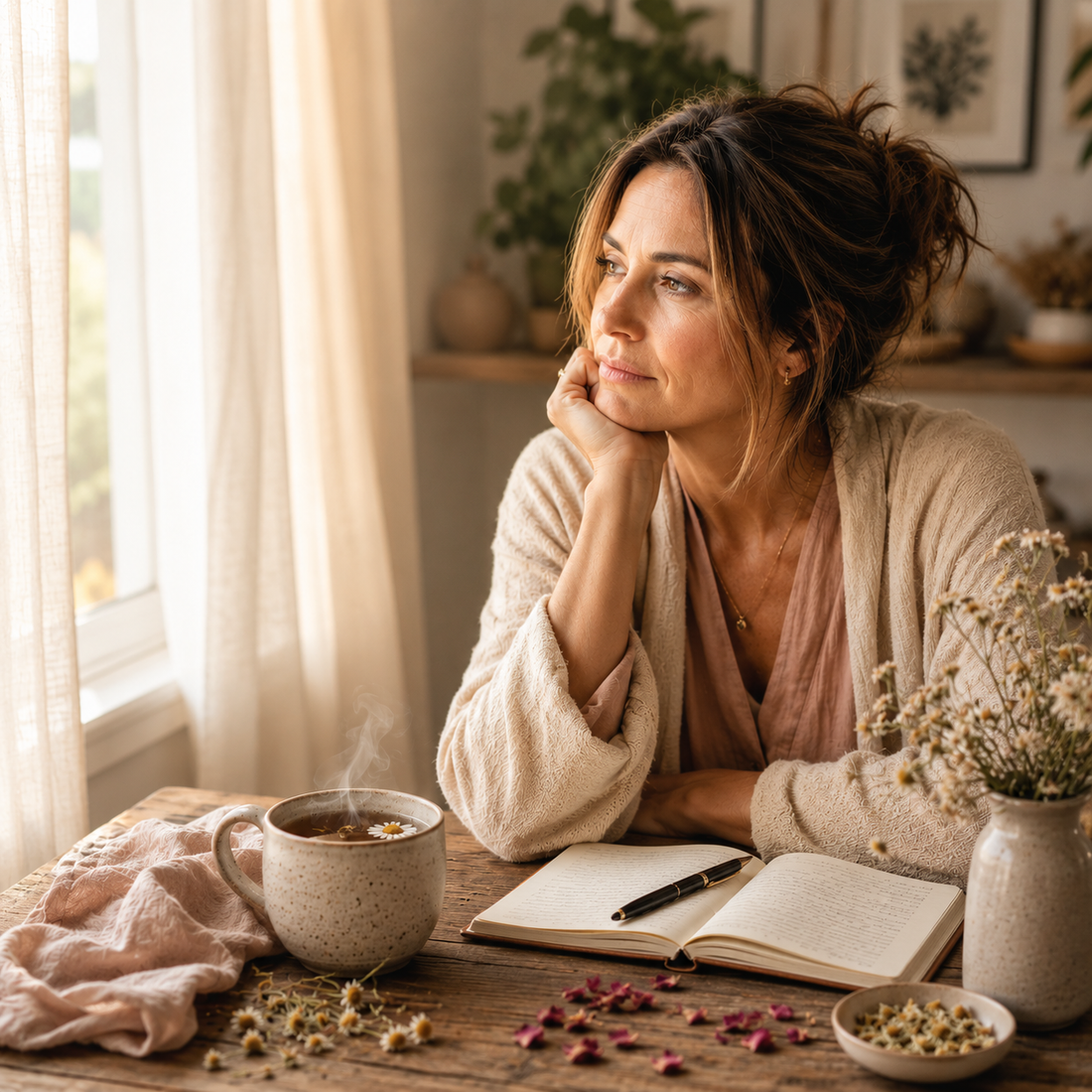 Thoughtful woman sits by a sunalit window with herbal tea and a journal, reflecting quietly. Soft neutral tones, chamomile flowers, and warm morning light create a calming wellness scene exploring emotional exhaustion, PMS, burnout, and the need for rest.