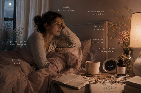Woman awake in bed at 2:30am experiencing stress, hormone imbalance, and sleep disruption with calming herbal tea and botanical wellness atmosphere.
