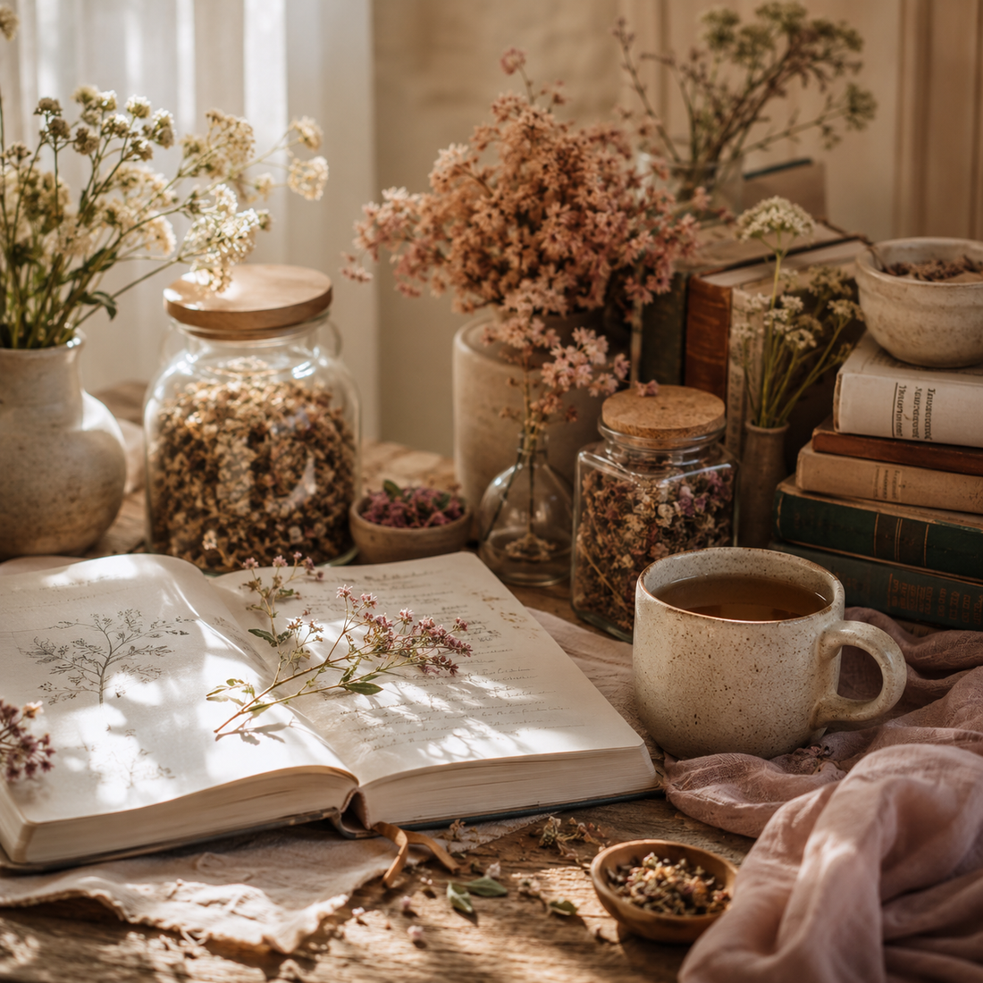 Soft morning light illuminates a rustic apothecary scene with dried herbs, ceramic tea mugs, vintage books, glass jars, and an open botanical journal, creating a calming wellness atmosphere in warm neutral tones.