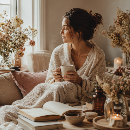 Woman wrapped in a soft knit blanket holding a steaming herbal tea near a window in a calm botanical apothecary setting with dried flowers, linen textures, and warm natural light representing emotional overwhelm, burnout, and nervous system support