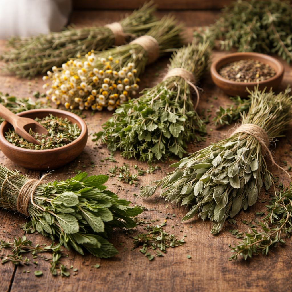 a table showcasing a variety of dried herbs in bundles and bowls