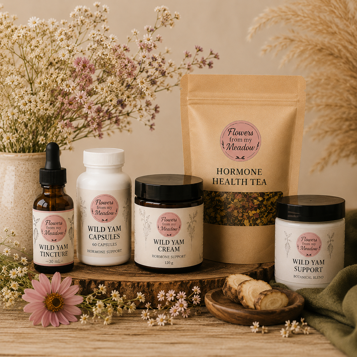 Flowers from my Meadow Wild Yam bundle featuring Wild Yam Cream, Wild Yam Tincture, Wild Yam Capsules, Hormone Health Tea, and botanical wellness products styled in a soft luxury apothecary setting with dried flowers and warm natural light.