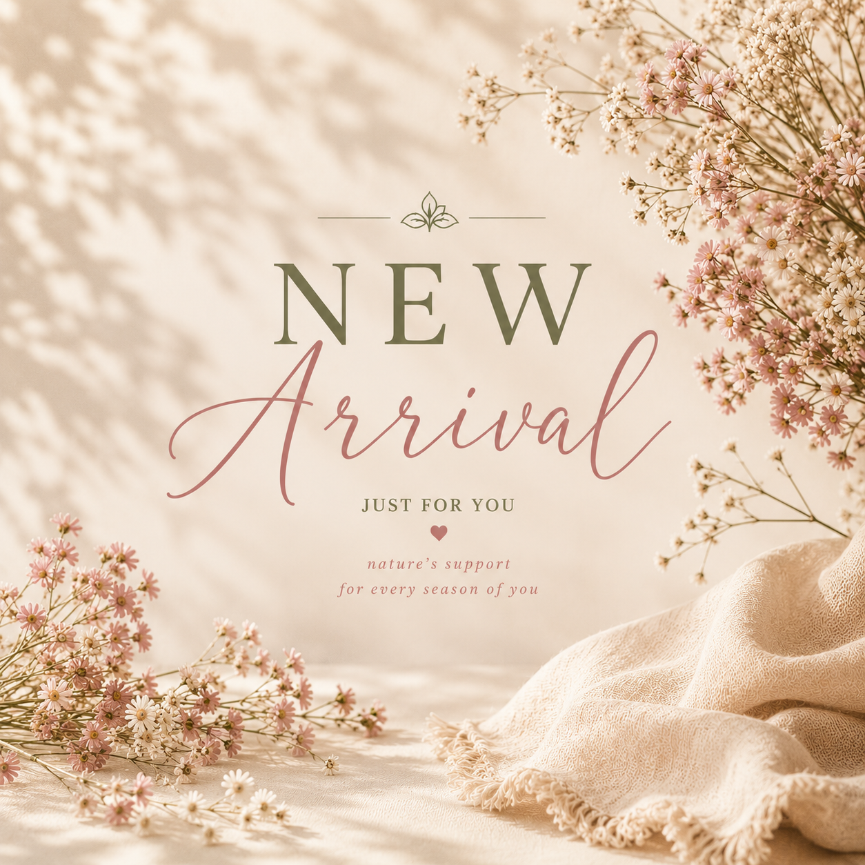 Soft botanical “New Arrivals” banner for Flowers from my Meadow featuring warm beige tones, blush typography, delicate dried flowers, linen textures, and a calming luxury apothecary aesthetic with soft natural light.