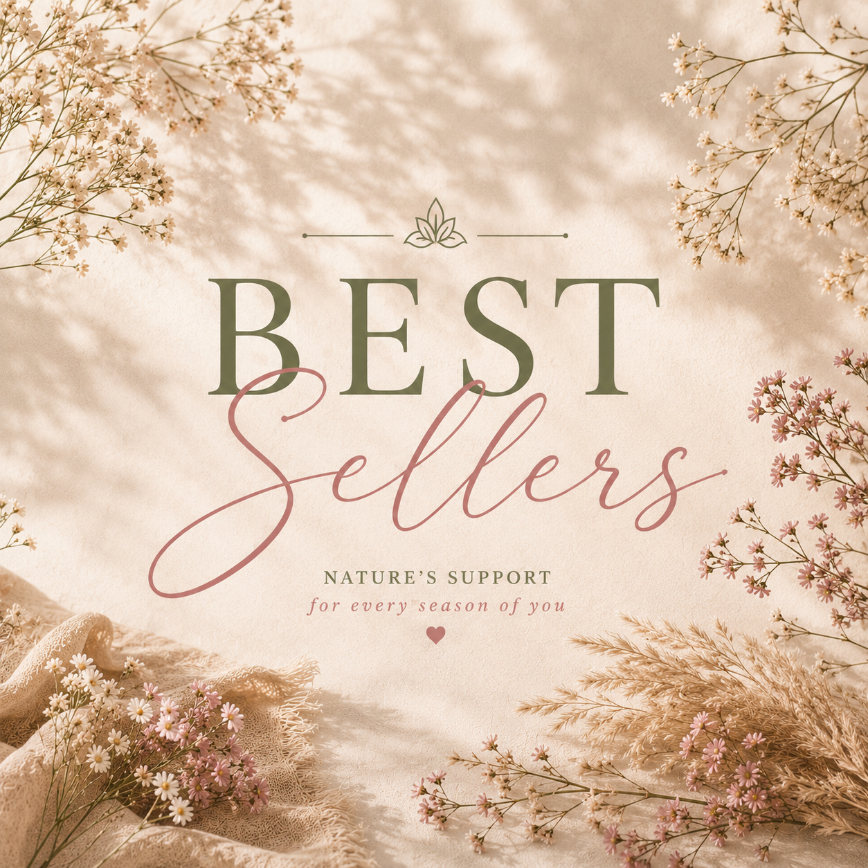 Soft botanical “Best Sellers” banner for Flowers from my Meadow featuring warm beige tones, blush typography, delicate dried flowers, linen textures, and a calming luxury apothecary aesthetic with soft natural light.