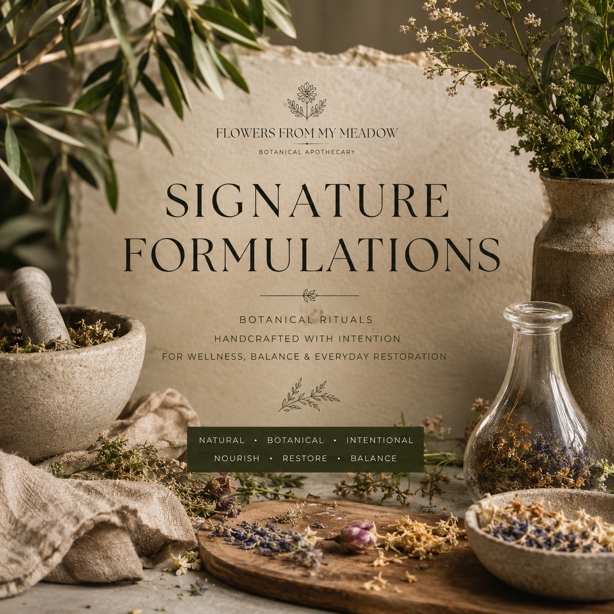 Signature Formulations collection banner featuring dried botanicals, ceramic apothecary bowls, linen textures, glass vessels, and warm natural light in a luxury botanical wellness setting with an artisanal apothecary aesthetic.