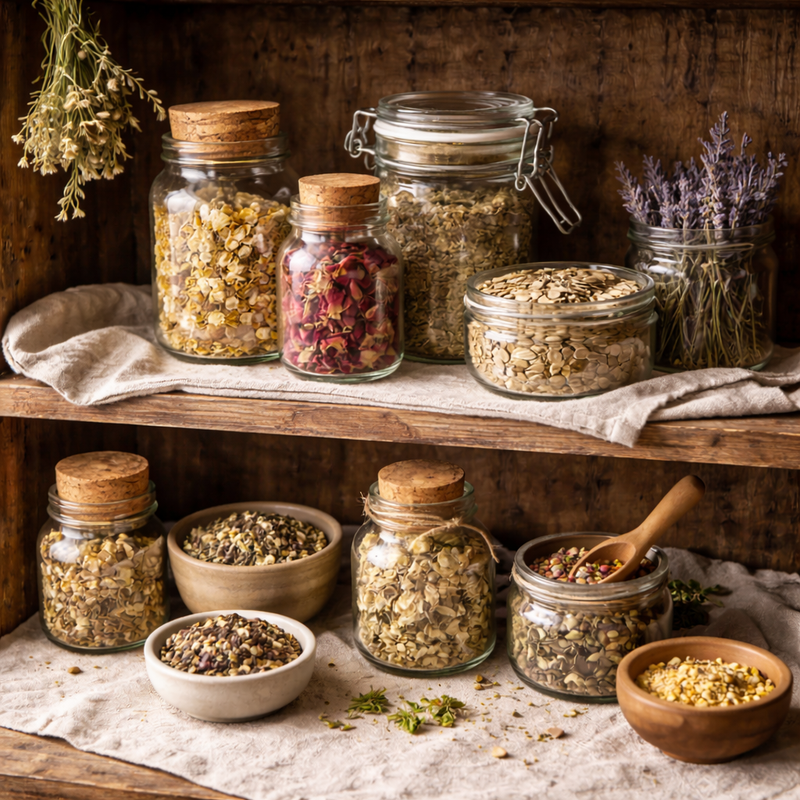 a kitchen pantry filled with botanicals available from Flowers from my Meadow 