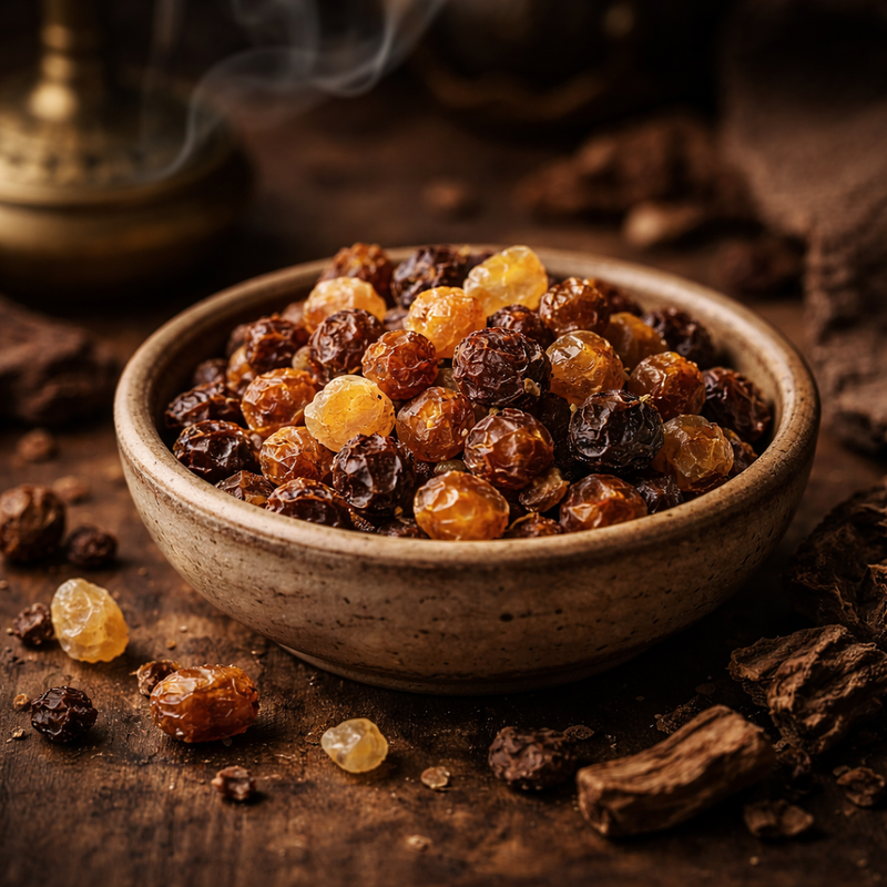 a bowl filled with frankincense and myrrh resin