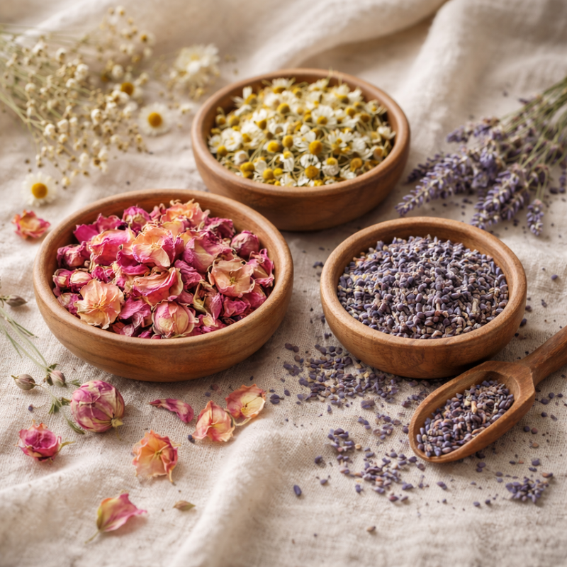 a table with wooden bowls filled with dried flowers